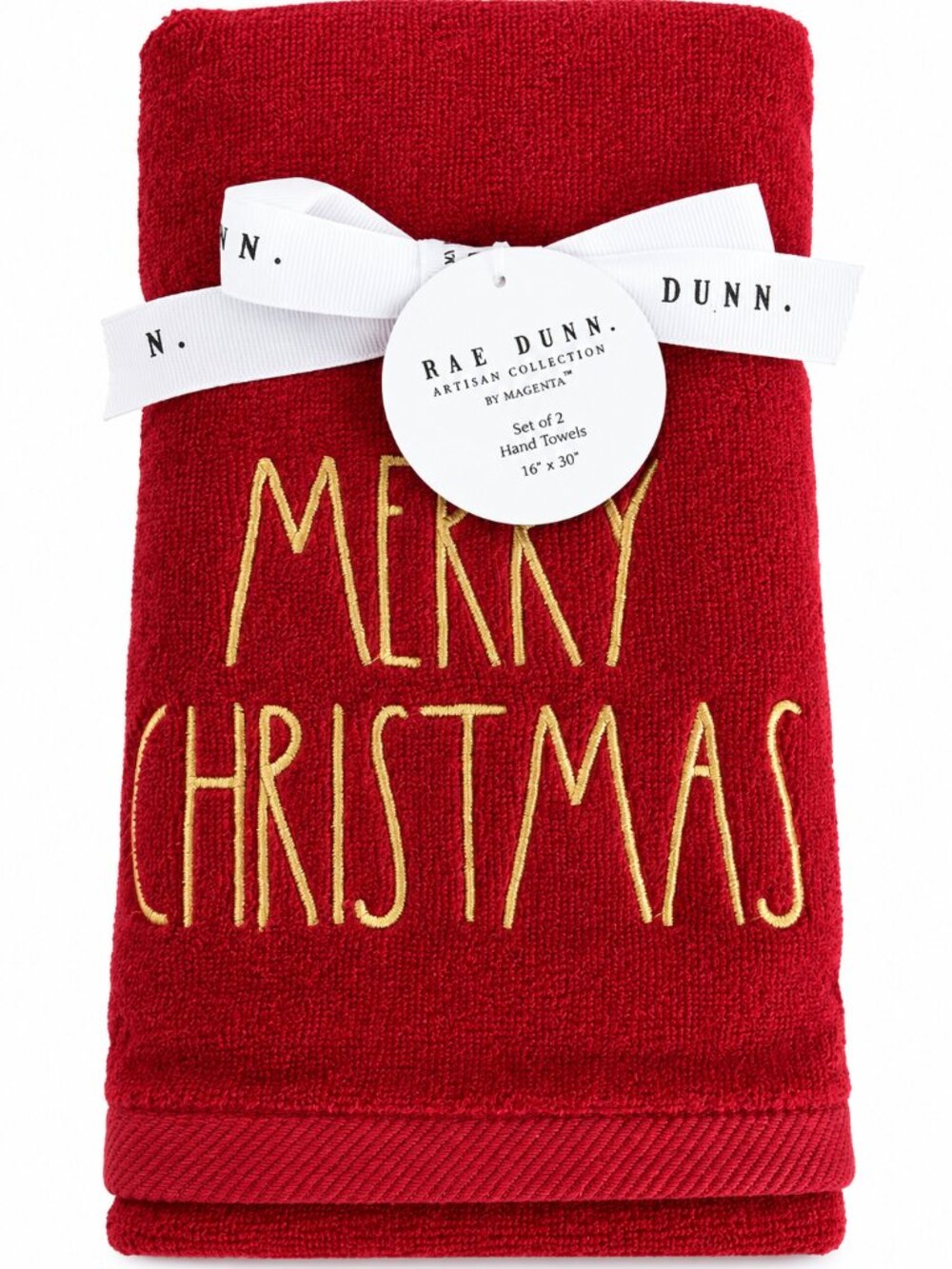 Rae Dunn Merry Christmas Hand Towels Red Gold Guest Bath Embroidered Set of 2